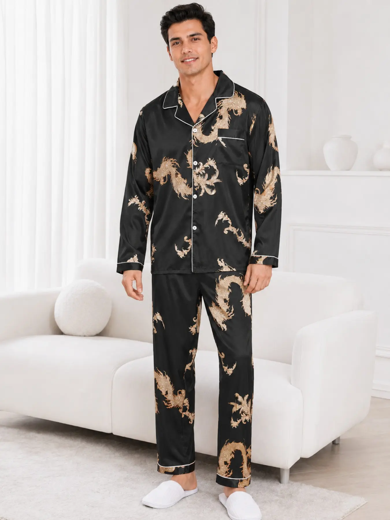 Men's Gold Dragon Print Satin Feel Long Sleeve Pajama Set, Collar Button Loose Fit Home Wear Loungewear Two-Piece Set, All Seasons Fashion
