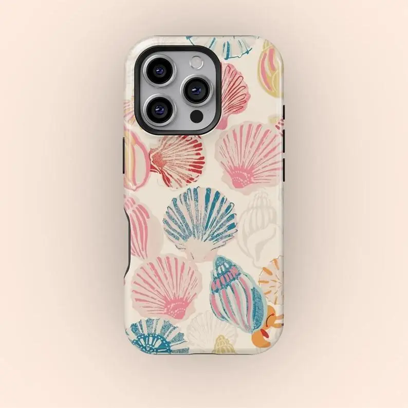 Vintage Seashell Pattern Slim Fit Dual-Layer Shockproof Polycarbonate Smartphone Case - Multi-Model Cellphone Accessories with Beachy Tropical Style, Camera Guard, Color Stays Bright for iPhone 11/12/13/14/15/16/17 Pro, ProMax, Plus, Air