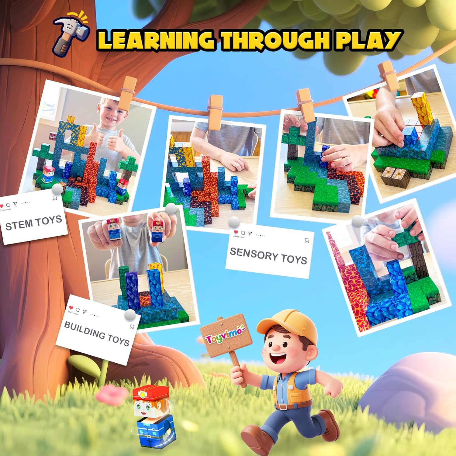 Magnetic Building Blocks-200PCS with Drawstring Bag STEM Montessori Children Sensory Toys Build Mine Magnet World Gift Set