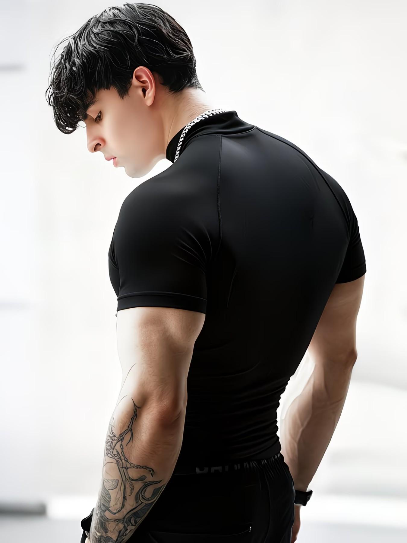 Men's Professional Fitness High Neck T-Shirt, Sporty Style, High Elasticity, Quick-Dry, Breathable, Slim Fit, Ideal for Gym Training