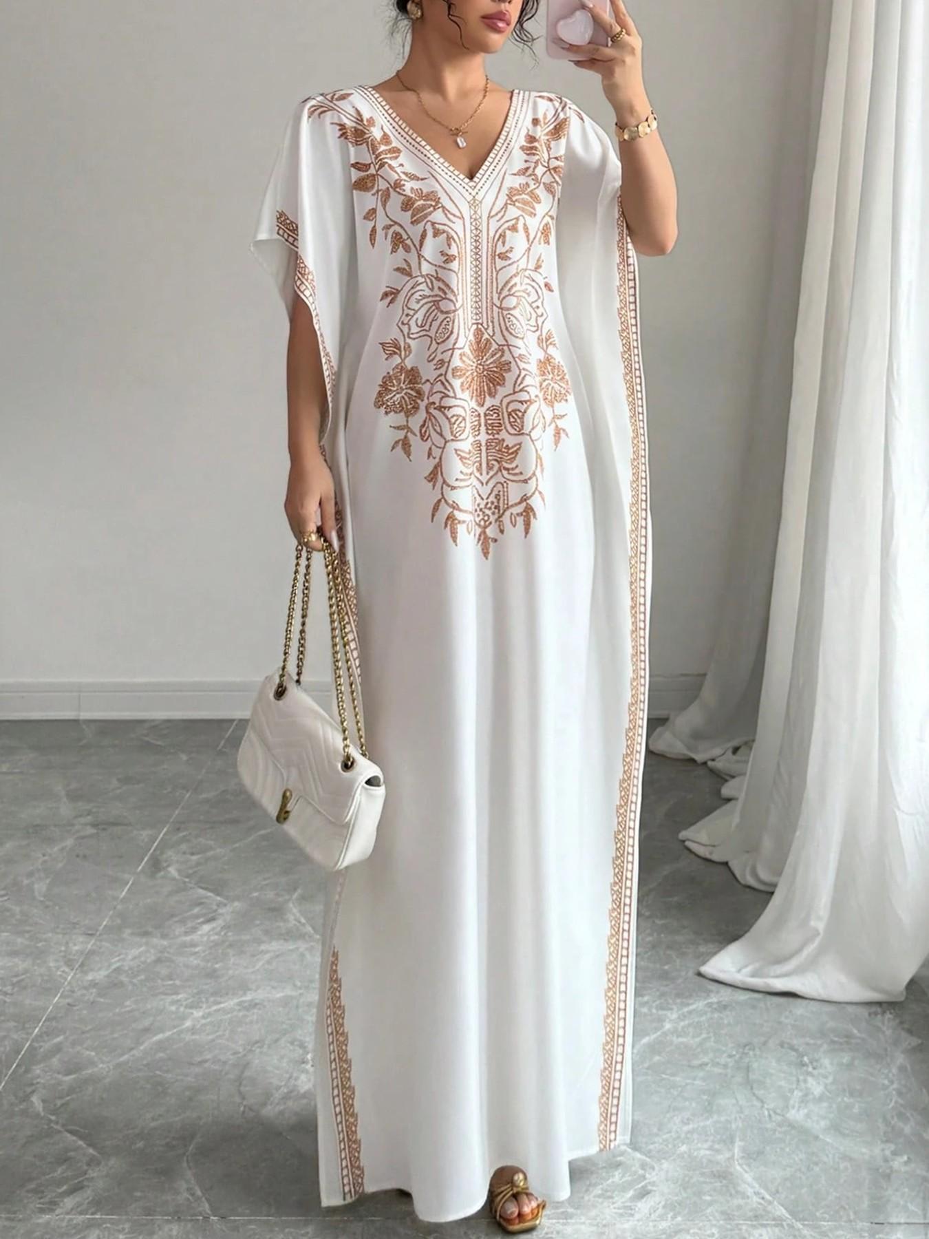 Women's Summer V-Neck Plant Floral Print Dress, Boho Style Three Quarter Sleeves, Long Loose-Fit Beach Sundress Vacation Dress, Casual Daily Wear Womenswear Fashion, Boho Printed Dress