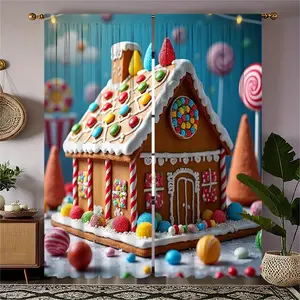 2pcs Gingerbread House Curtains - Christmas Window Drapes with Candy Roof