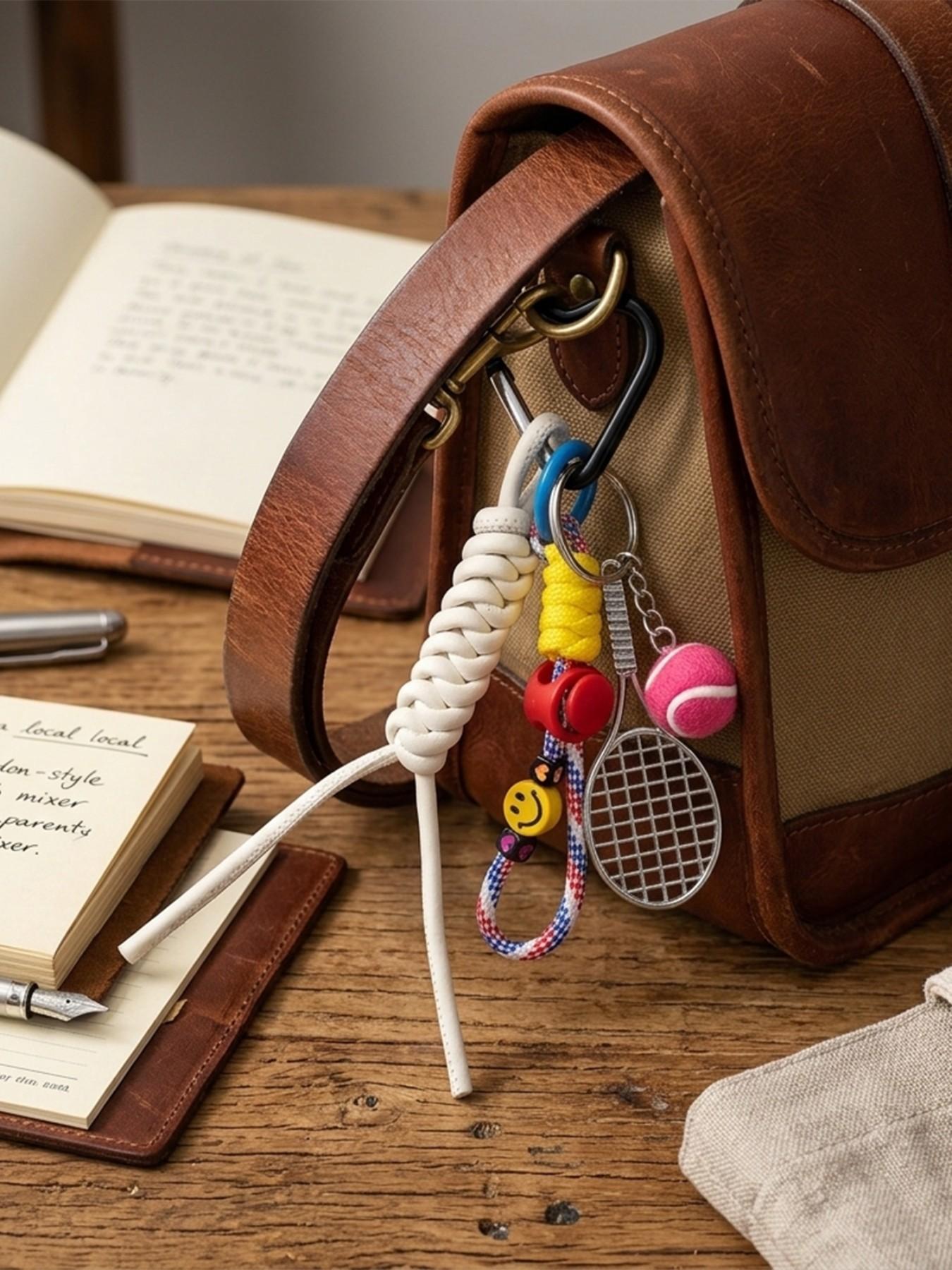 Tennis Woven Bag Charm Keychain, Cute Smiley Face Handbag Pendant, Aesthetic Heart Carabiner Key Ring, Sporty Bag Decor, Perfect Birthday Christmas Gift for Tennis Lovers Women Girls, Trendy Phone Charm for Backpack Tote