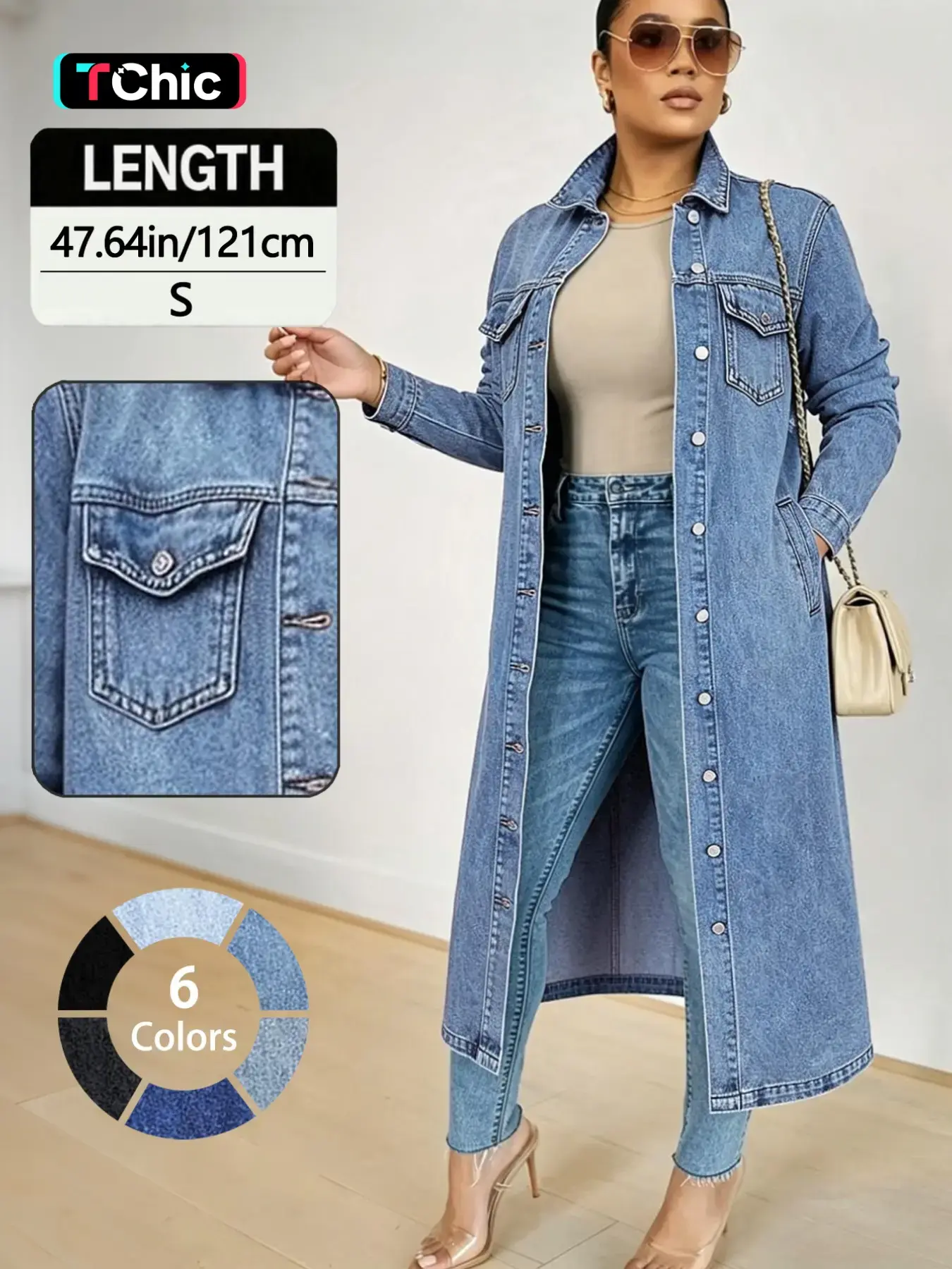 Women's Button Front Denim Coat, Elegant Casual Long Sleeve Denim Jacket for Spring & Fall, Women's Clothing for Daily Wear Outerwear