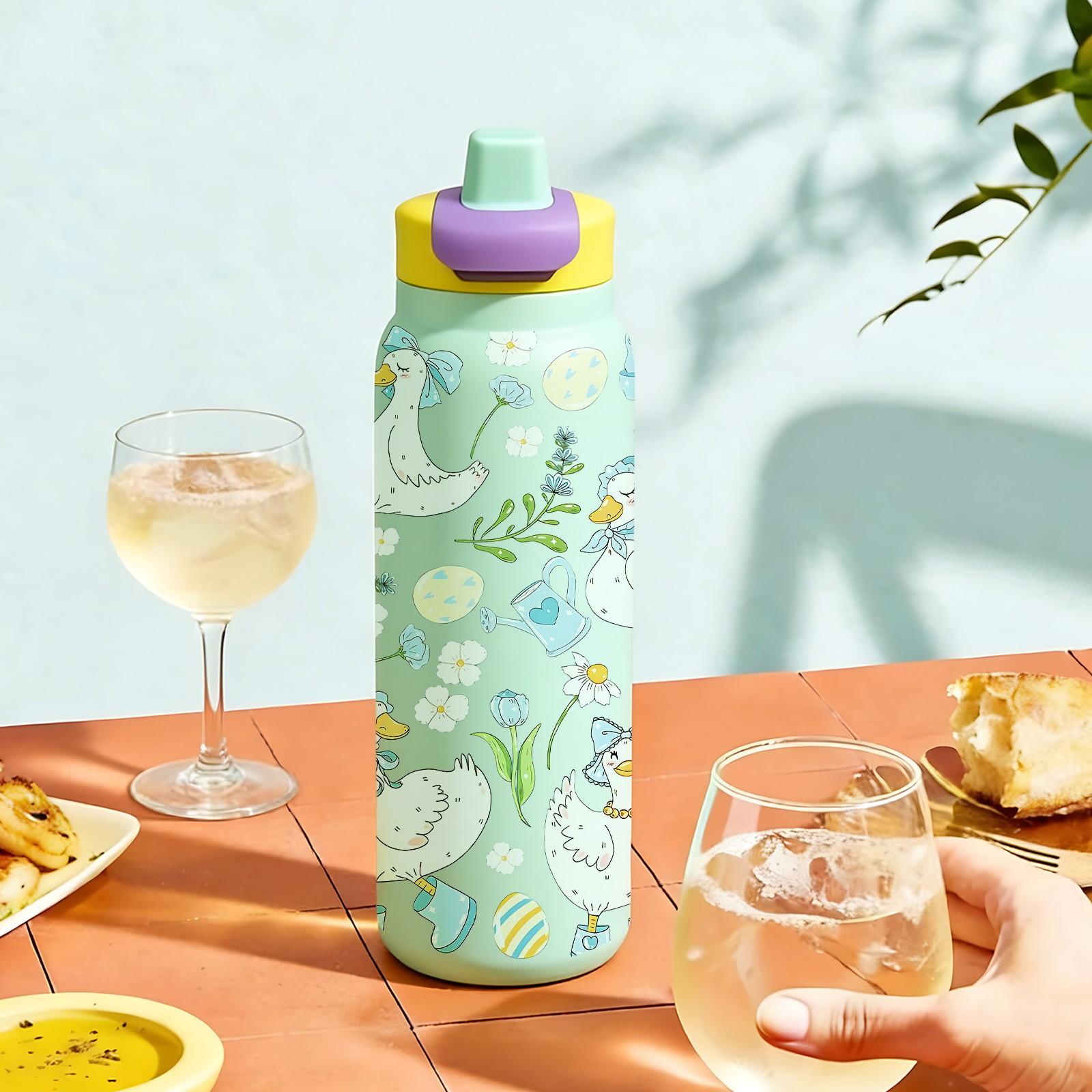 1Pc 19/24/32oz Duck and Flower Print Insulated Mug, Cute Pastel Vacuum Cup Thermo Tumbler with Lid and Straw, Keeps Hot 12H/Cold 24H, Ideal Travel Tumbler for Spring, Picnic, or Office, Adorable Gift for Girlfriend, Nature Lovers