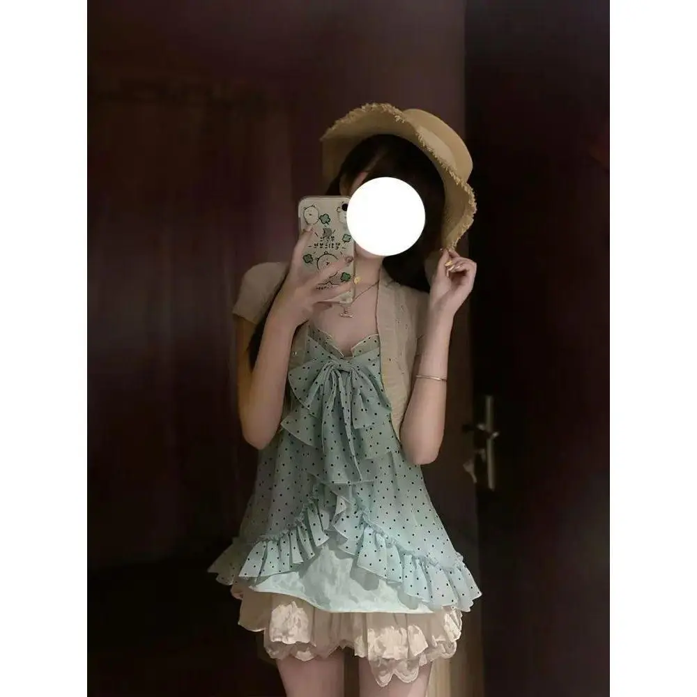 Nana Style Japanese Vintage Coquette Women Sweet 3 Piece Set Polka Dot Bow Ruffle Mini Dress Summer Y2K Casual Streetwear Outfit