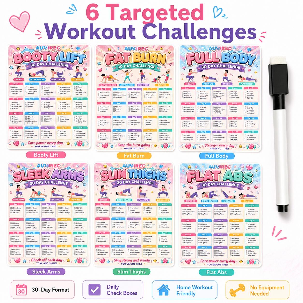 Auvirec 30-Day Reusable Fitness Tracker Set, 6 Pet Challenge Cards + Erasable Marker, Home Workout Log, Smooth Surface Compatible
