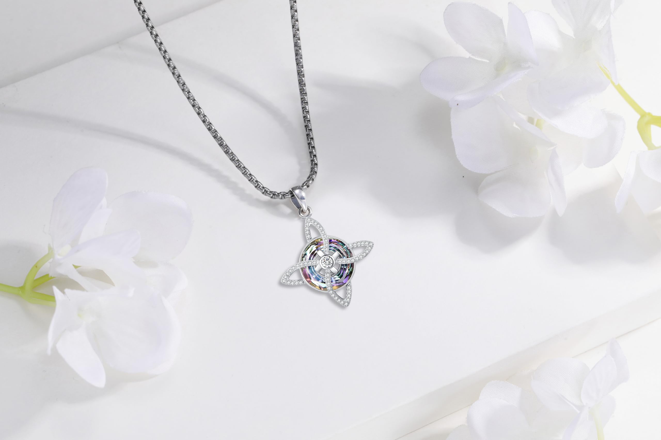 DRINSPER S925 Witch's Knot Crystal Necklace Celtic Knot Crystal Healing Necklace 925 Sterling Silver Pendant, Pagan Wicca Moon Jewelry for Women, Trinity Knot Design, Nudo de Plata Collar, Protection and Mysticism Amulet Jewelry Accessories Gift for Girls