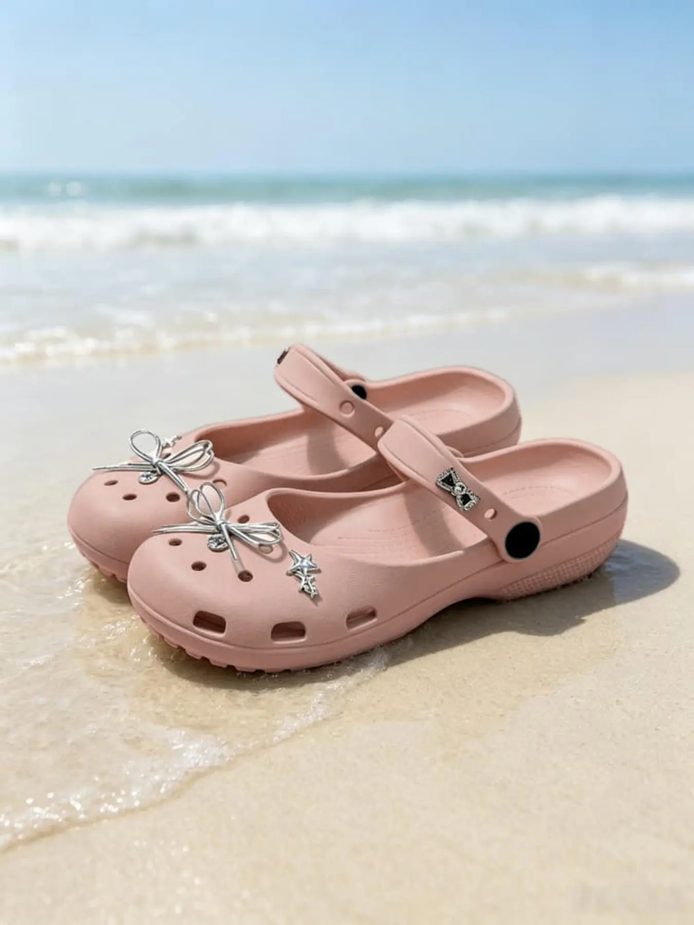 1 Pair Women Decorative Clogs Sweet Girl Style Removable Bow Star Charms Breathable Hollow Out Soft Non Slip Sole For Beach Travel Home Daily Commute Lace Tied Clogs