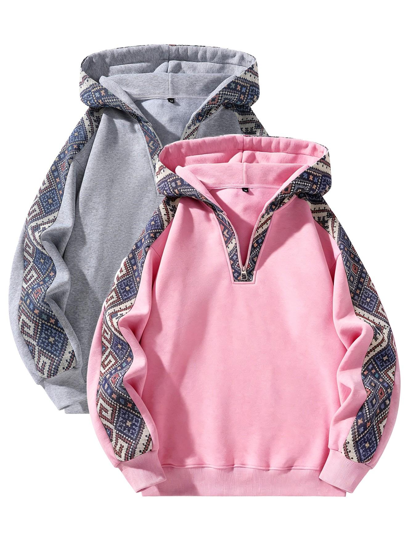 Unisex Half-Zip Hoodie, Vintage Ethnic Patchwork Sweatshirt