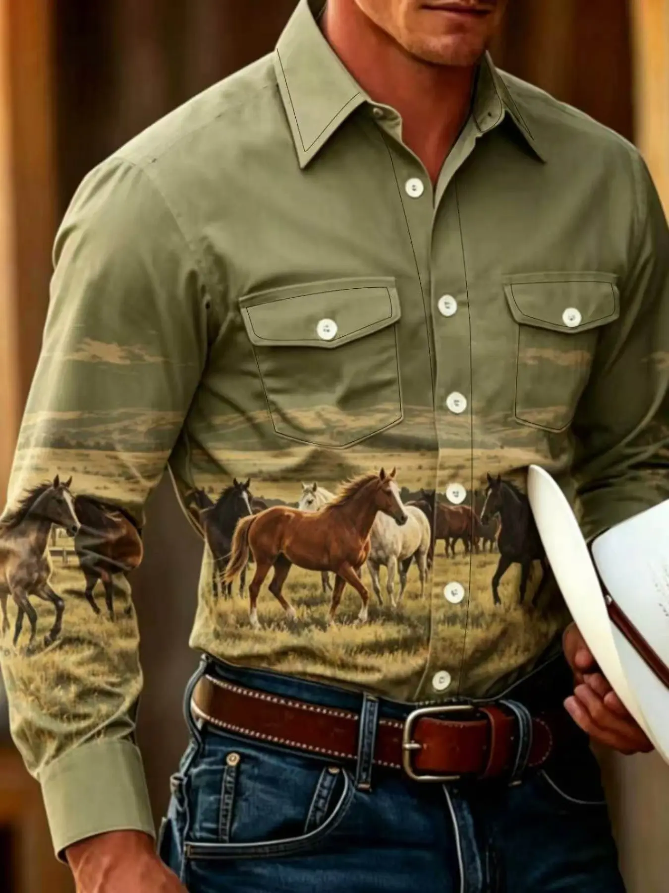 Western Style Long Sleeve Shirt, All over Print Horse Slim Fit Top, Casual Western Wear, Unisex Design, Perfect for Daily Use