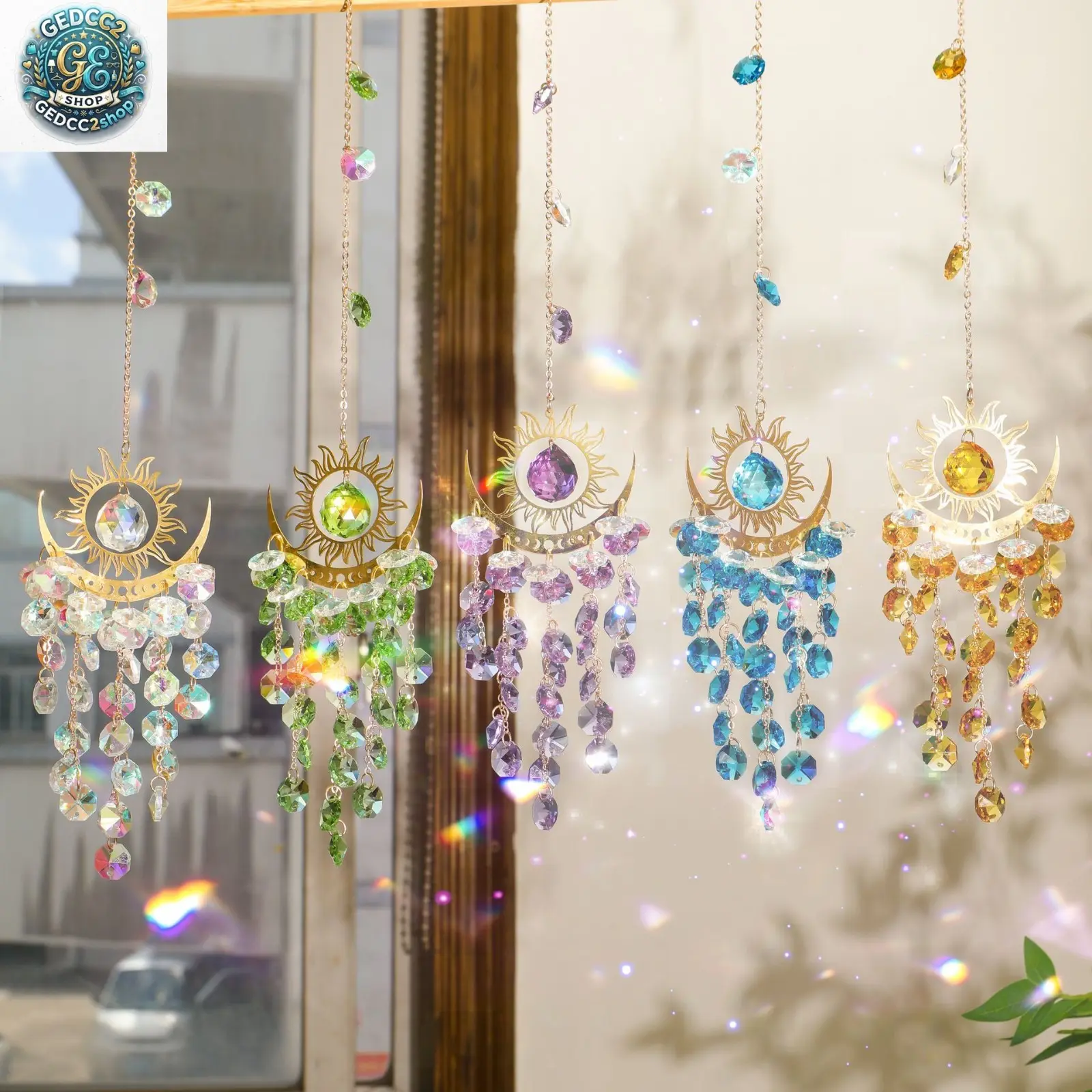 Crystal Suncatcher Window Decor, Iridescent Moon-Flame Design with Rainbow Light Reflection, Boho Room Hanging for Camping & Hiking Hammock Spaces