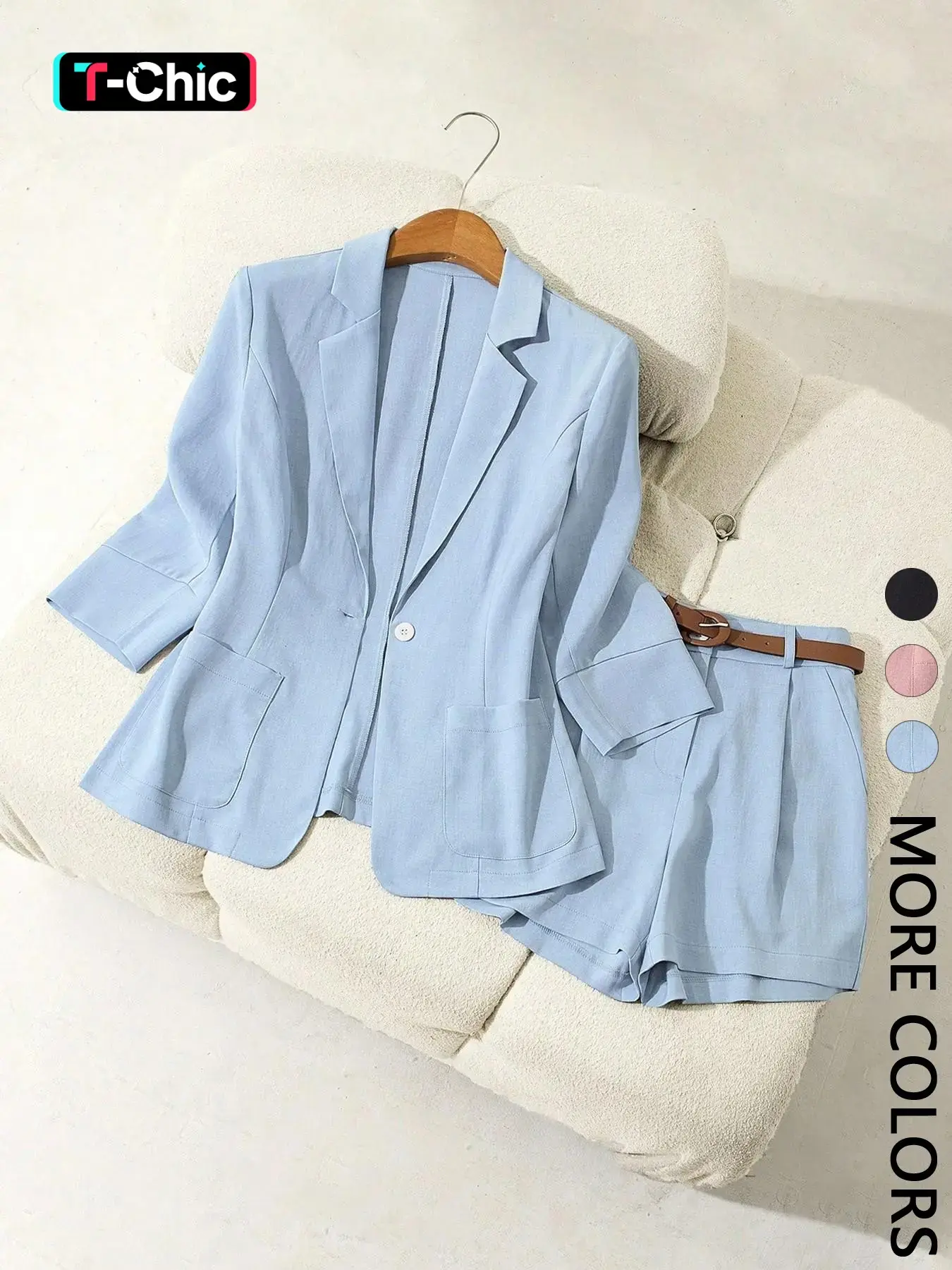 Women's Commuter Office Style Basic Suit with Pockets, 2-Piece Set V-Neck Jacket and Short Pants Set, Essential Womenswear for Work/Travel, Business Casual Suits