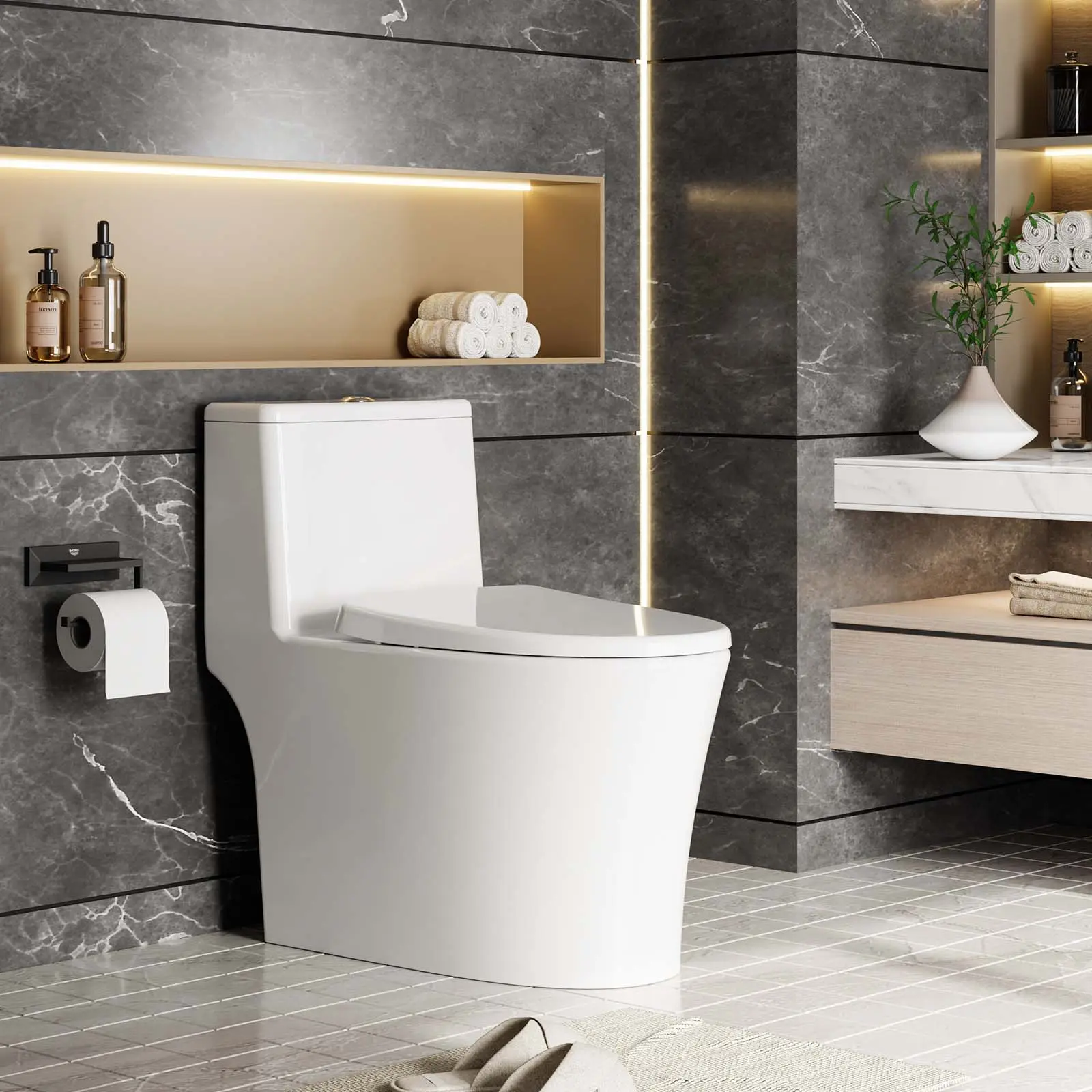 Modern Commercial Elongated Ceramic Toilet, One-Piece Sleek Design with Soft Close Seat, Powerful Siphon Flush & Water Efficient, Durable Easy-Clean Bathroom Toilet, Ideal for Residential & Commercial Restrooms