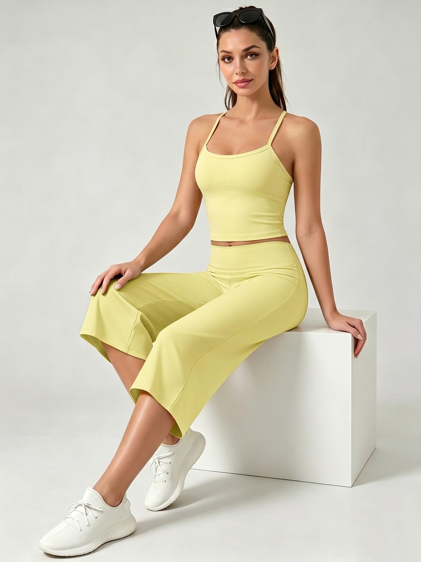 Women's Sporty Fitted Tank Top & High-Waisted Wide-Leg Pants Set, Breathable Solid Color, Ideal for Yoga, Casual Wear, Home Comfort, Athleisure Summer Clothes