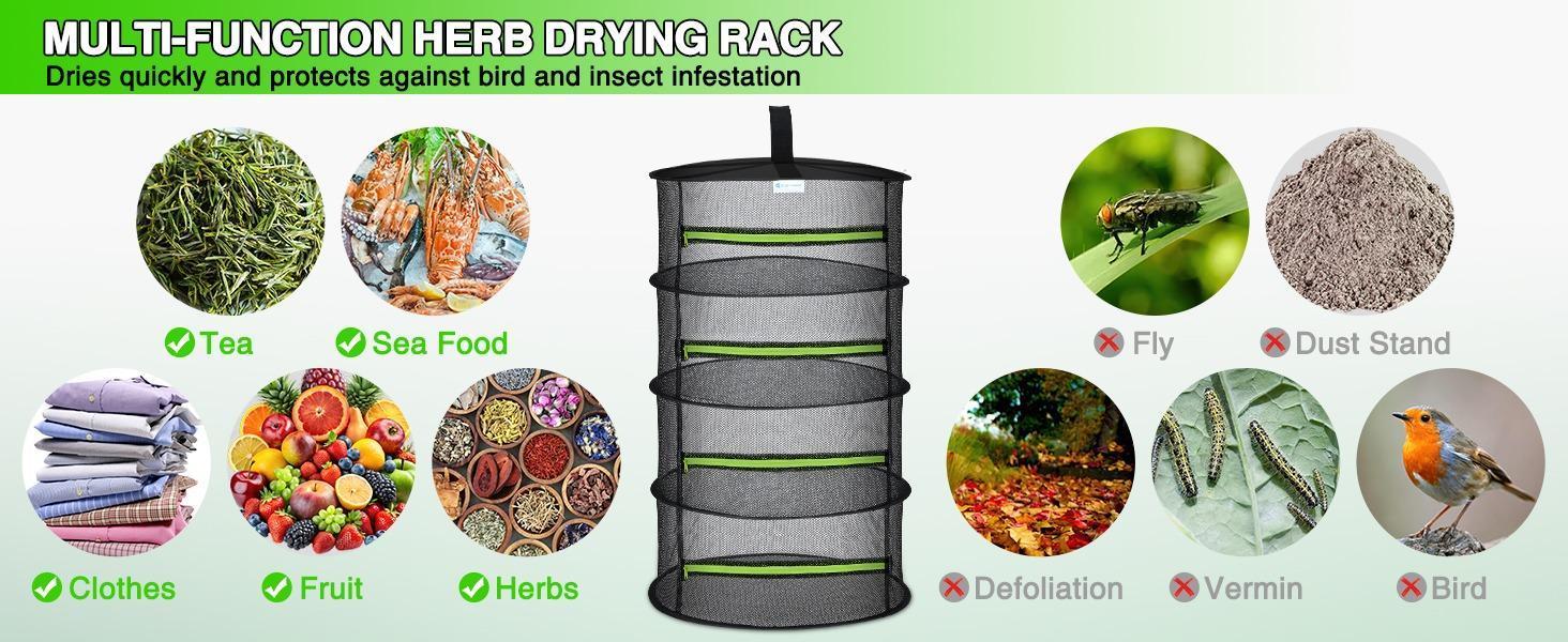 Yesker 4-Layer Round Steel Herb Drying Rack, 24" Diameter Hanging Mesh Netting with Green Zipper & Hook, Waterproof Foldable Dryer for Herbs, Grow Tent Use, Father's Day Gift