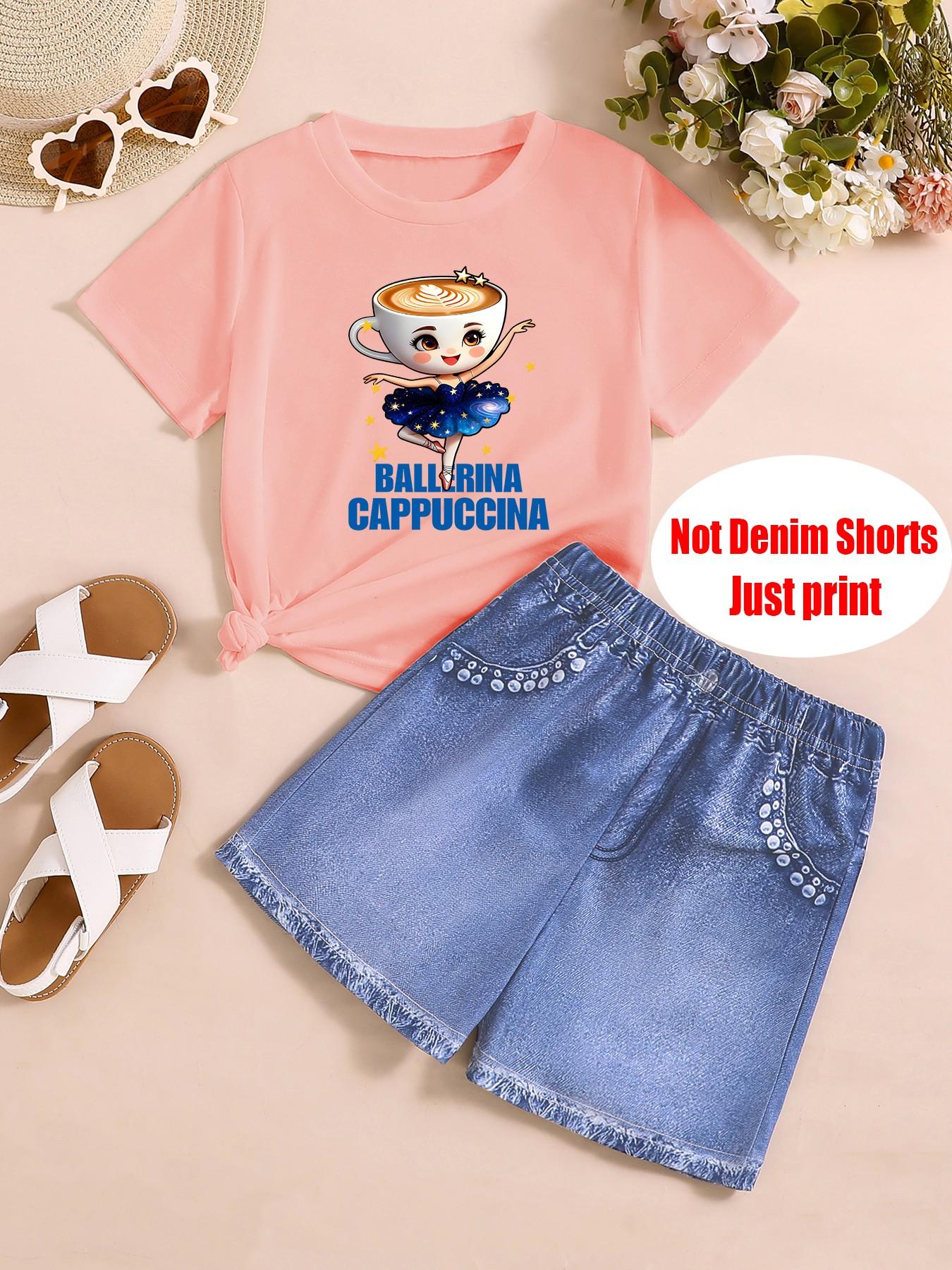 Fashion Two-Piece Set for Girls, Ballerina Cappuccina Print T-Shirt + Denim Shorts, Summer for Kids, Casual Slim Fit Suit