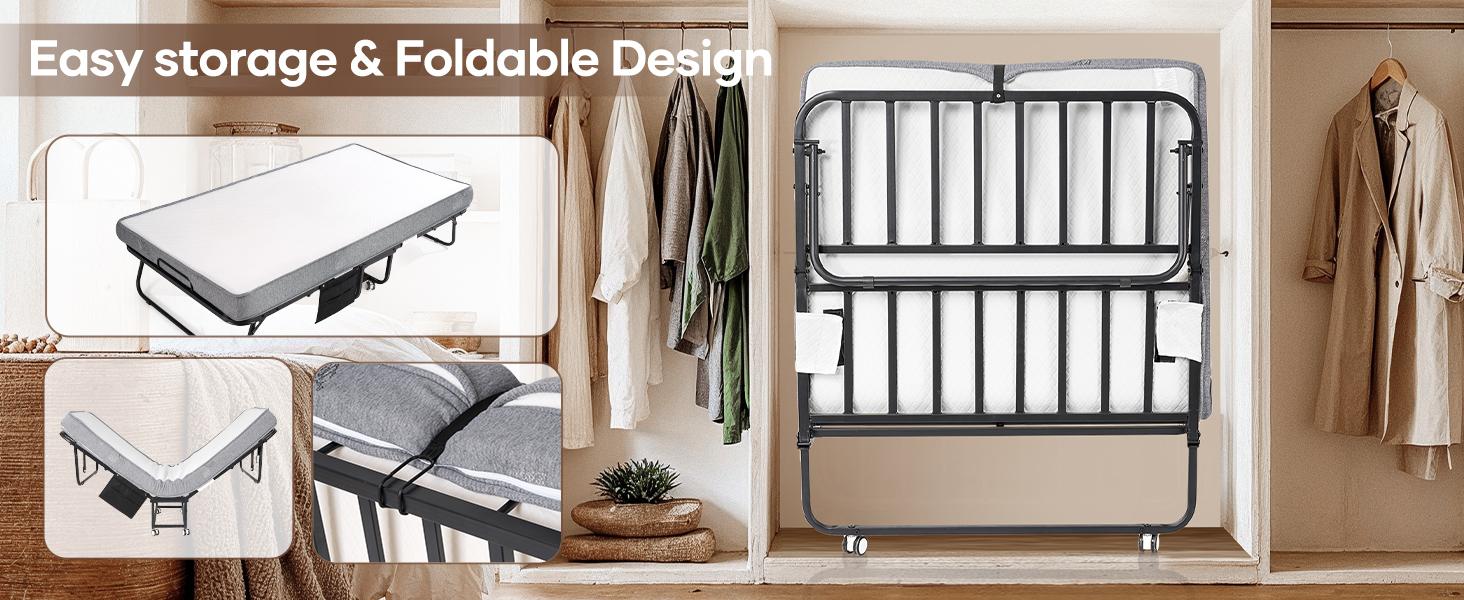 Folding Bed with Mattress, Foldable Portable Bed with 75” x 38" Twin Size Frame, Side Pocket and Transport Wheels Easy Storage for Home Office Visit the BODIOO Store