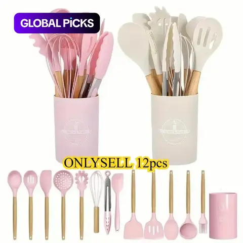 Silicone Kitchen Utensils Set, Cooking Accessories, 12-Piece Non-Stick with Beech Wooden Handle, Spatula Set for Home Use #GLOBAL PICKS