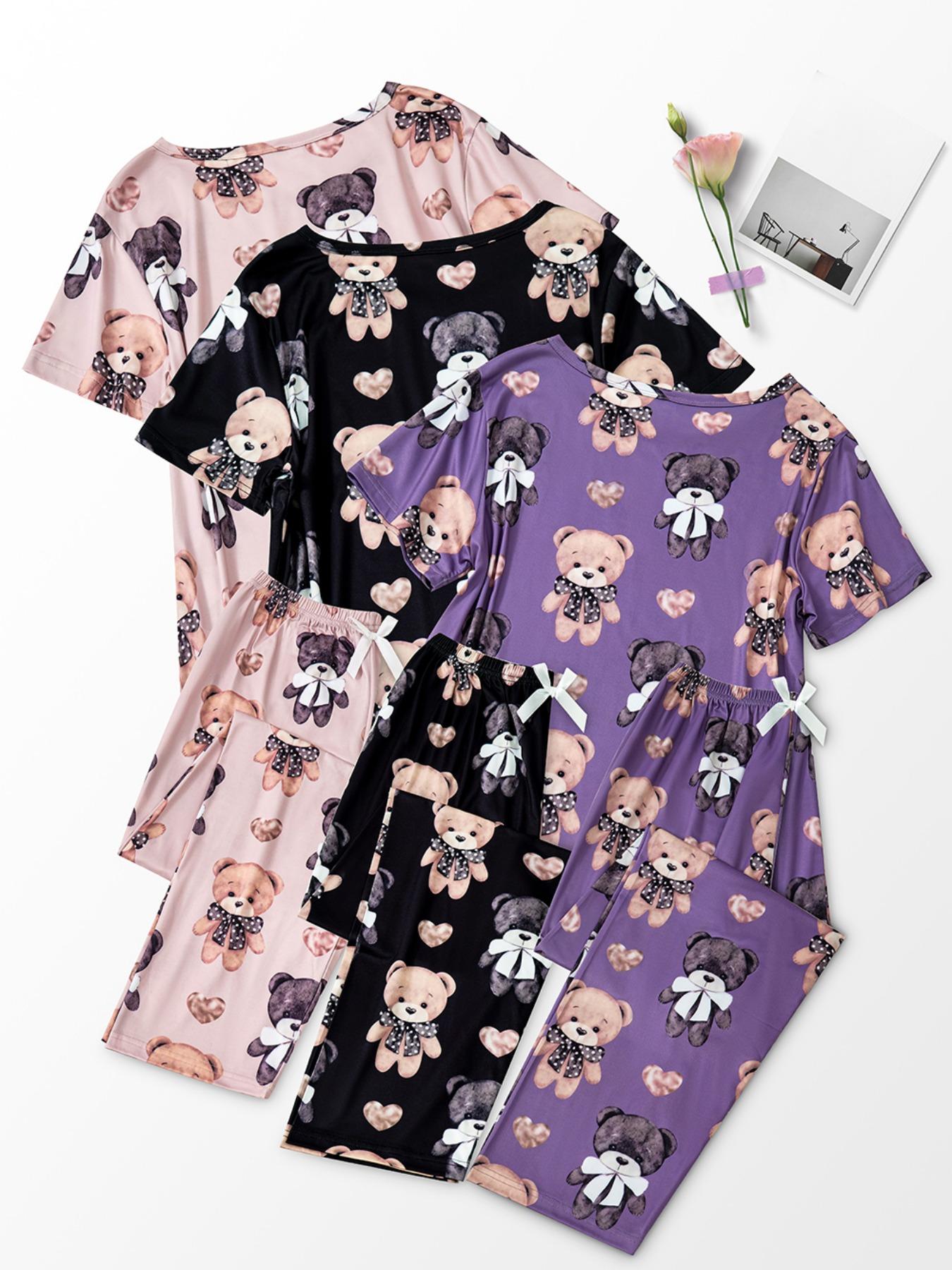 Women's Cartoon Bear Print Short Sleeve Tee & Pants Pajama Set, Casual Comfy Round Neck T-Shirt & Elastic Waist Trousers PJ Set, Loungewear Pajamas Set, Ladies Sleepwear for All Seasons
