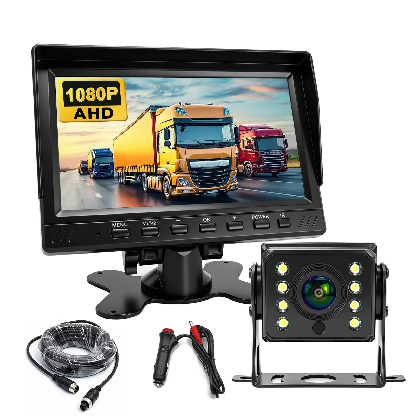 7 Inch AHD 1080P Backup Camera System 90° Adjustable Monitor Night Vision Waterproof Shockproof Rear View Cam for Truck RV Bus Farm Vehicle Van