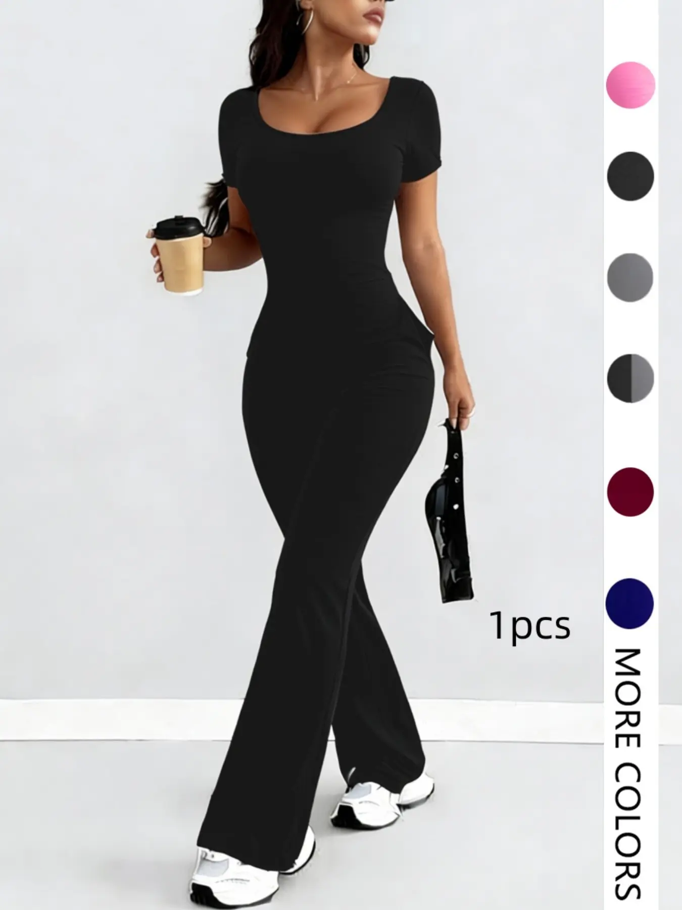 Women's Plain Pocket Short-Sleeve Long Pants Beach Casual Jumpsuit, Sexy Fitted One-Piece for All Seasons, European & American Style Womenswear