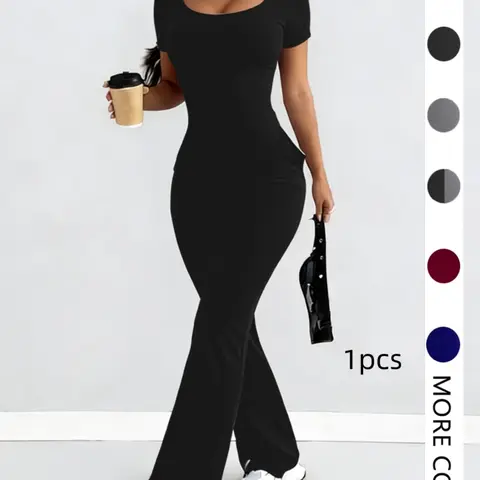 Women's Plain Pocket Short-Sleeve Long Pants Beach Casual Jumpsuit, Sexy Fitted One-Piece for All Seasons, European & American Style Womenswear
