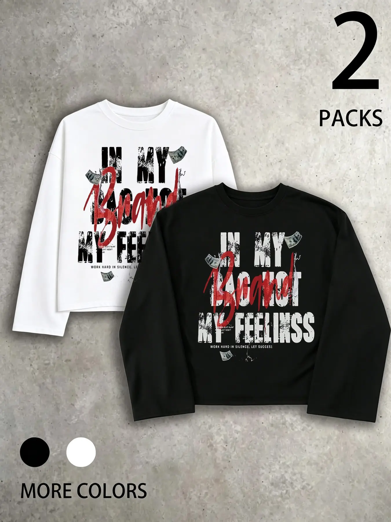 2 Packs Men's Graphic Long Sleeve T-Shirts Soft Skin-Friendly Breathable Fabric Drop Shoulder Loose Fit Crew Neck Tops Vintage Grunge Letter Red Graffiti Banknote Print Black White Two Color Set For Campus Commute Daily Casual Hangout Streetwear Outfits