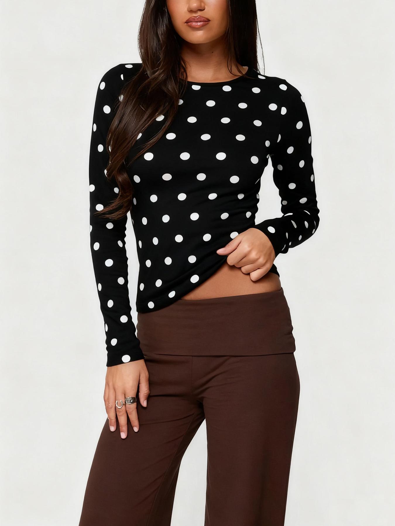 Women's Polka Dot Long Sleeve Slim Fit Short Top, Vintage Bodycon, Perfect for Dates and Shopping, Stylish Casual Wear