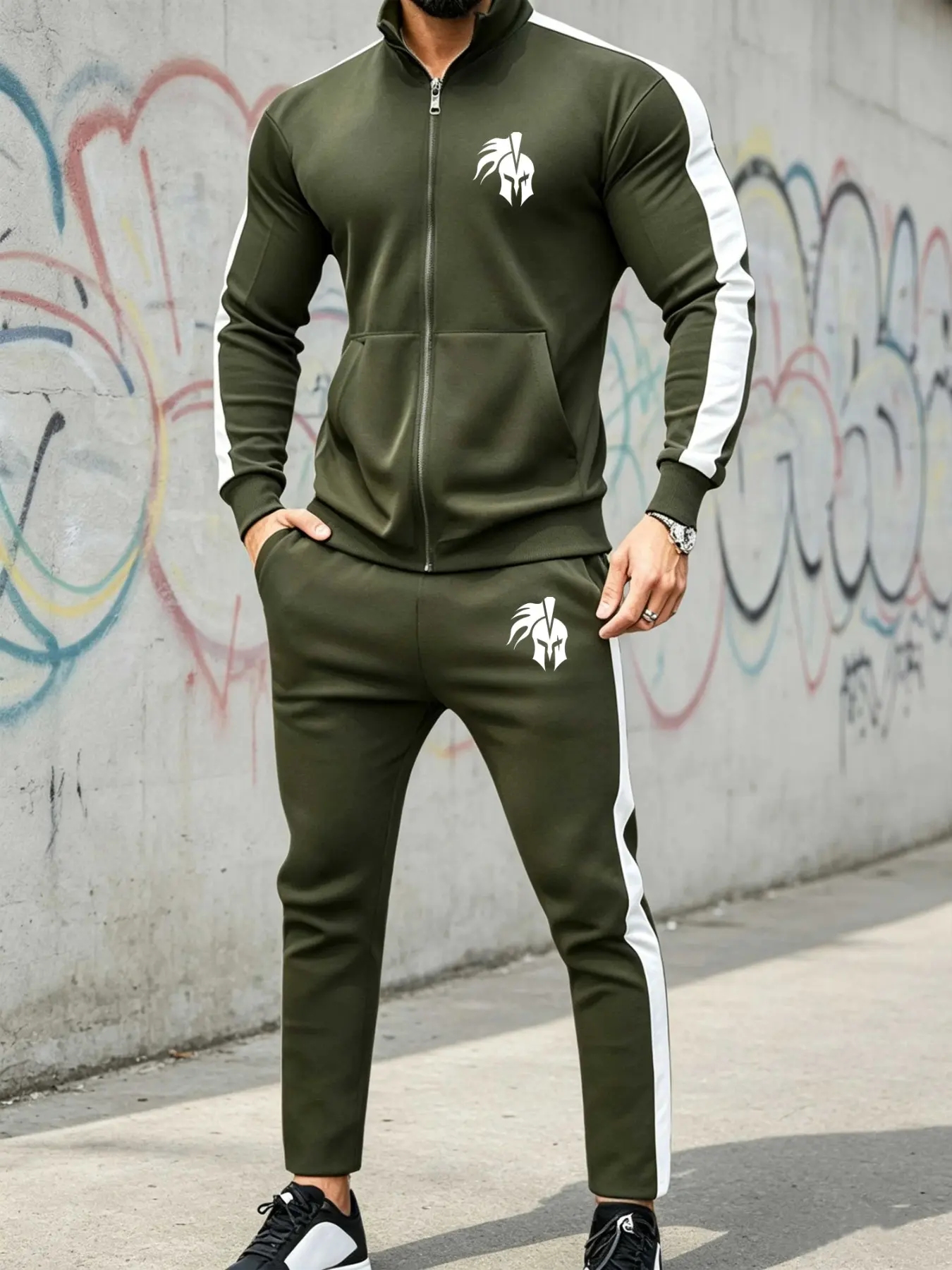 Men's Trendy Casual Sportswear Set, American Spartan Print Side Stripes Open Front Jacket, Workout Running Long Pants, Fall & Winter, Tracksuit