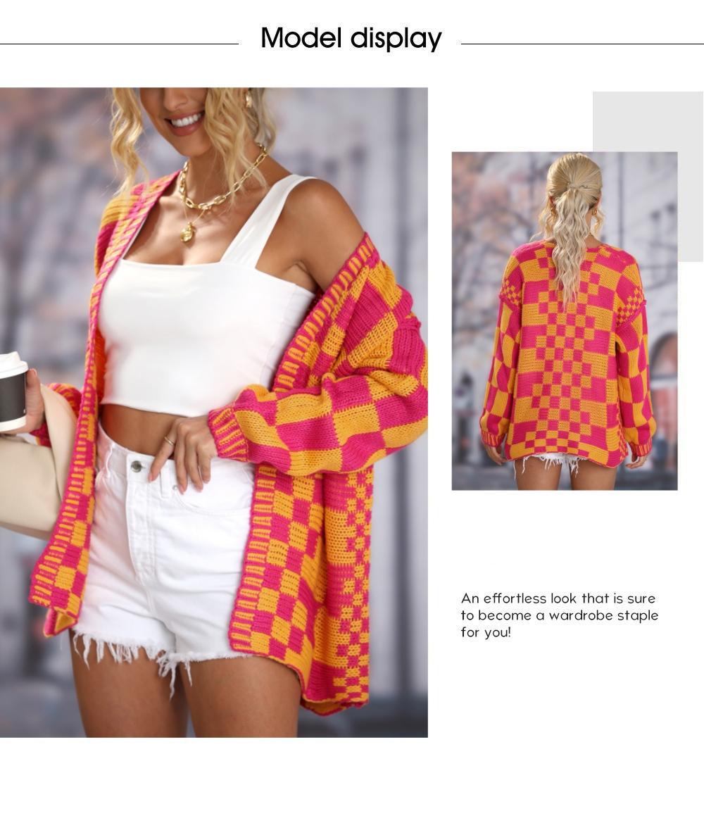 Asvivid 2026 Fall Clothes For Women Oversized Long Open Front Cardigan Mixed Checkered Pattern Cable Knit Cardigans Sweater Holiday