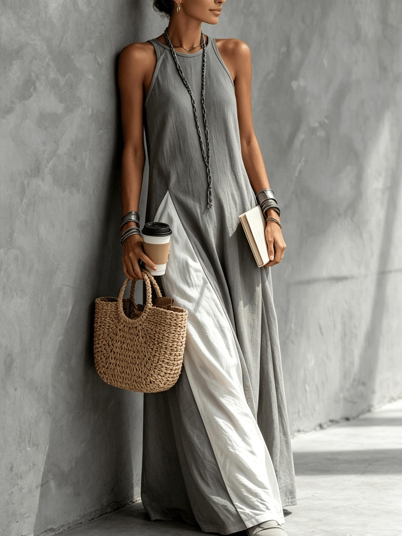 A relaxed, casual boho women's color-blocking dress, Boho Fashion beach sundress, with sleeveless vest, draping and flesh-concealing long skirt, suitable for summer, beach vacation, dating