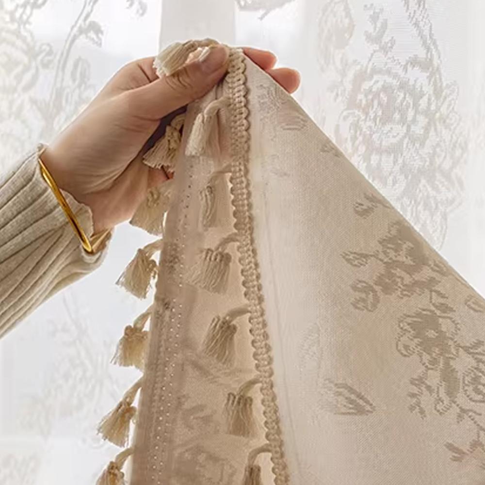 1pc Cream Hollow Mirror Sheer Curtain, Sun Protection Insulation UV Block, Universal for Living Room Bedroom Kids' Room, Rod Processing