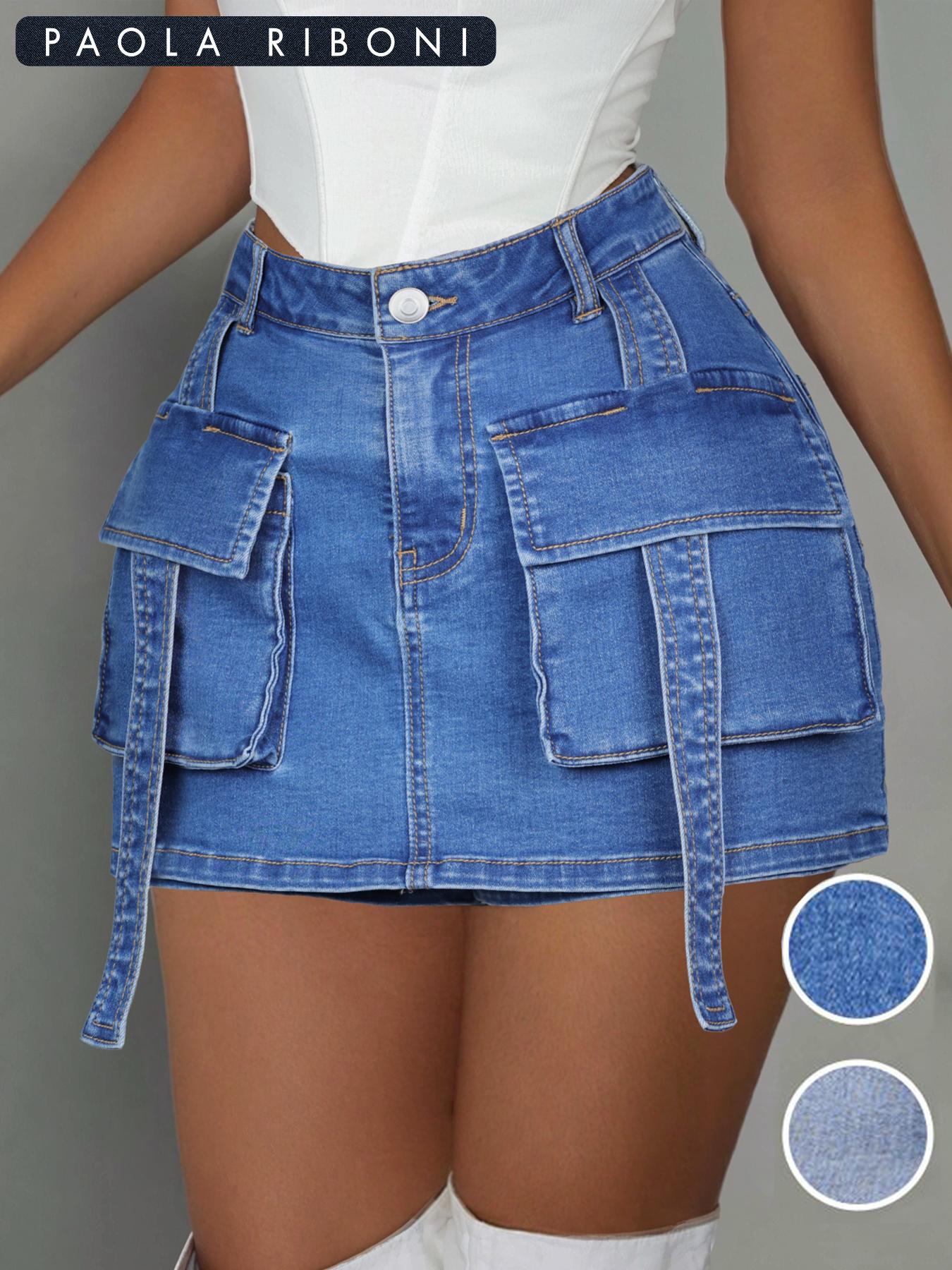 Women's  Multi-pocket 2 in 1 Cargo Denim Shorts, Casual Fashion Skorts for Daily Wear, Ladies Bottoms for Summer