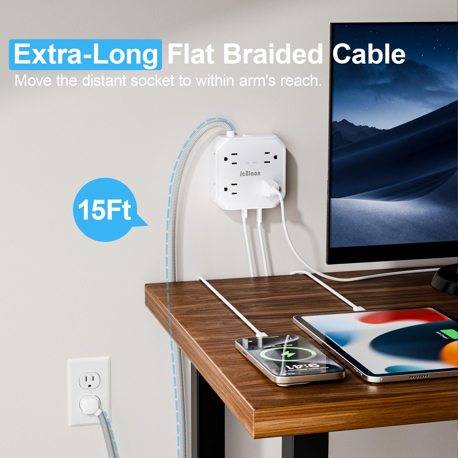 5/10/15ft Surge Protector Multifunctional Power Strip - 8 Widely Outlets with 4 USB Ports, 3 Side Outlet Extender, Flat Plug, Wall Mount, Desk USB Charging Station for Home Office, College Dorm Room Essentials