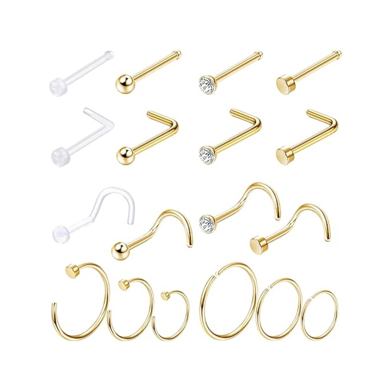 18 Pcs Hypoallergenic G23 Titanium Nose Ring Studs for Sensitive Skin 20G Nose Ring Hoops Nose Studs for Women Men 2mm Small Titanium Nose Piercing Jewelry