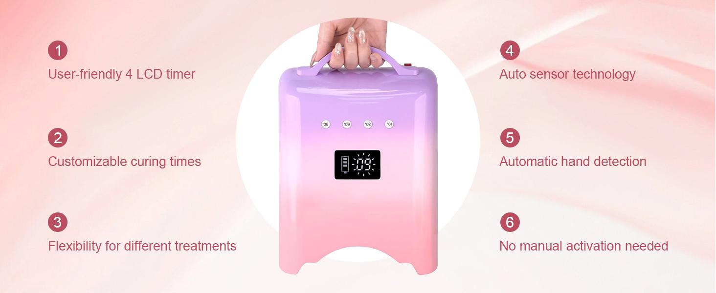 NEO Cordless & Rechargeable Nail Curing Lamp 78W with 4 LCD Time Display Timer, Auto Sensor, and Spacious Interior for All Hand Sizes and Nail Lengths (Gradient Purple Pink/Gradient Pink Gold/Metallic Rose Gold),Infrared Sensor Nail Dryer Lamp