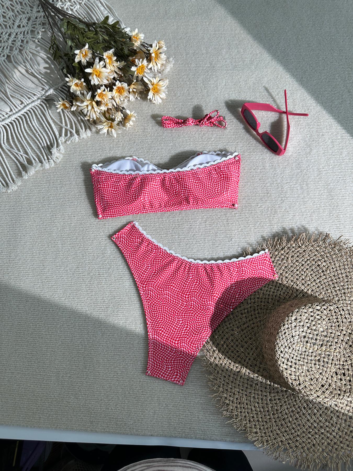 2026 New Retro Red Gingham Bandeau Bikini, Lace Trim Tie Front Convertible Strap Two Piece Swimsuit, High Cut Summer Beach Vacation Swimwear