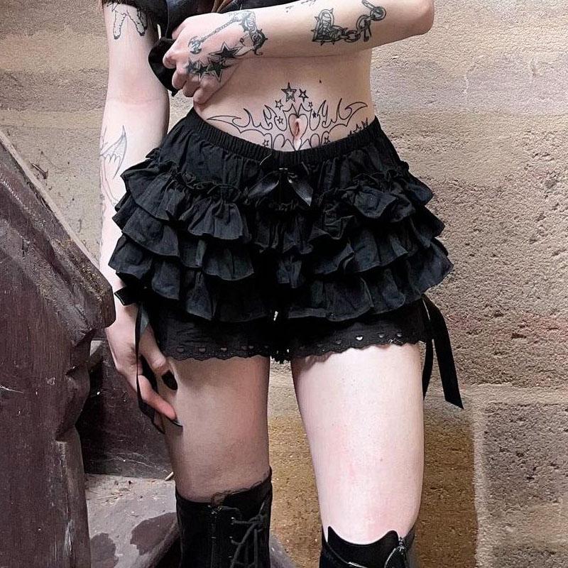 Gothic  Lolita Lace Shorts Women Black Aesthetic Cute Sweet Bow Ruffle Bloomers Shorts Y2k E-girl Kawaii Frilly Panties