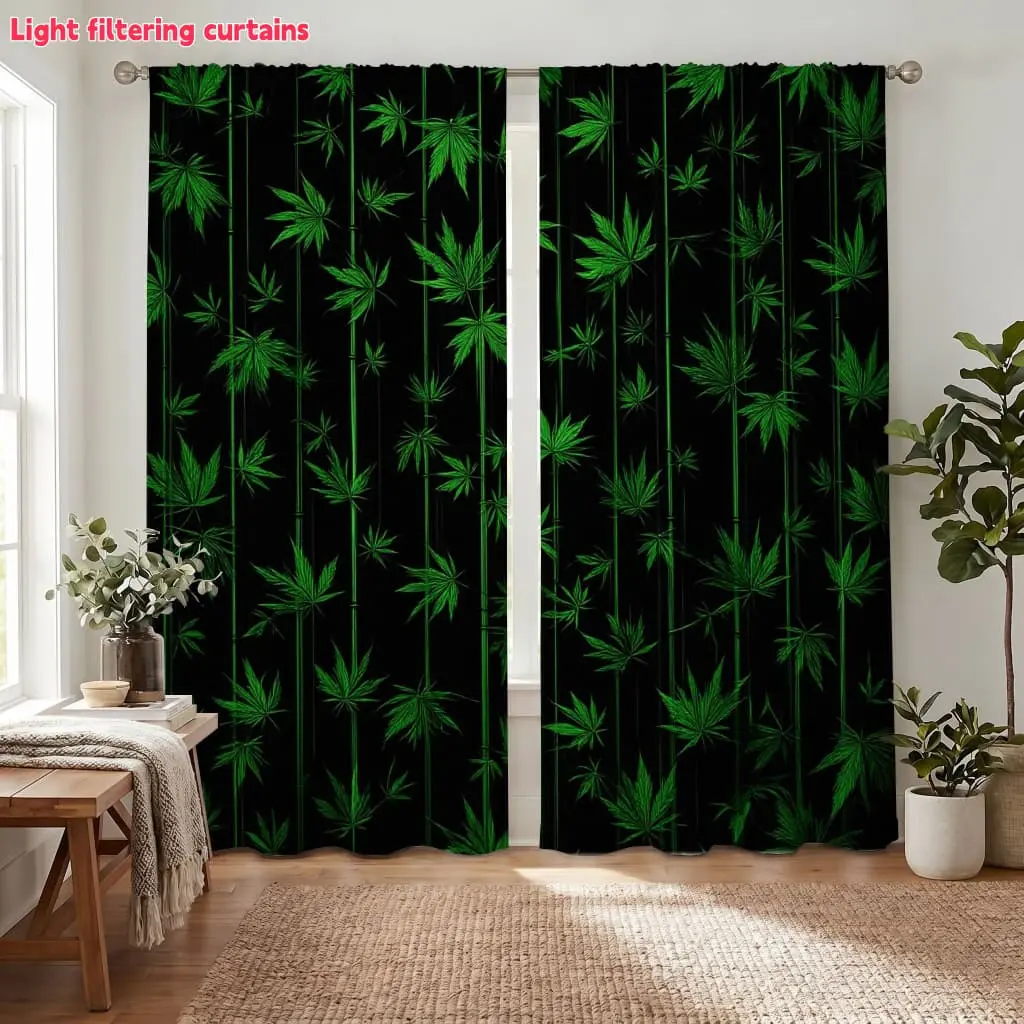2Pcs Green Bamboo Leaf Pattern Curtains Light Filtering for Bedroom Living Room Decor