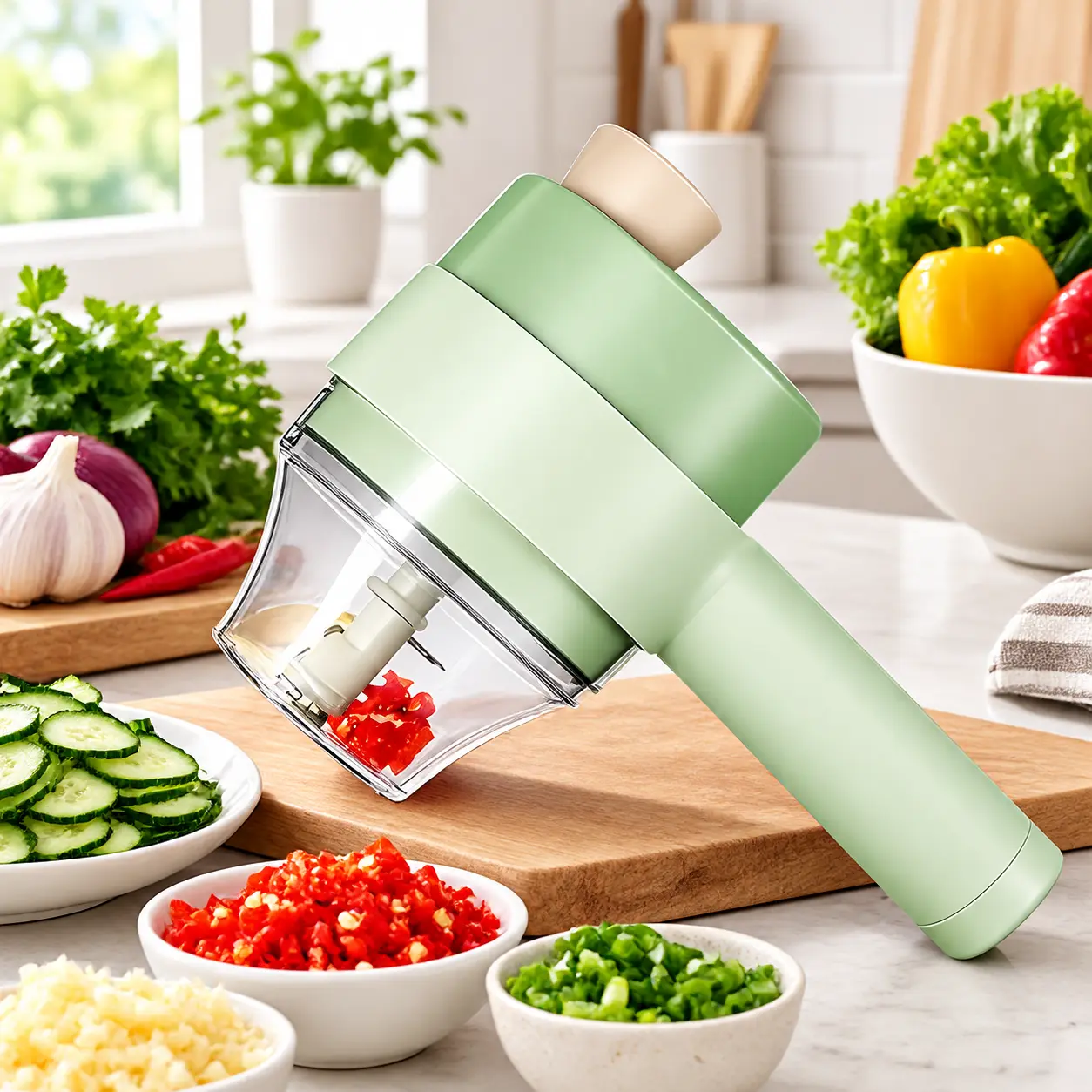 5-in-1 Electric Handheld Food Chopper Set, Cordless Vegetable Slicer, Garlic & Meat Grinder, Egg Whisk & Cleaning Brush, Multifunctional Kitchen Gadget for Food Prep