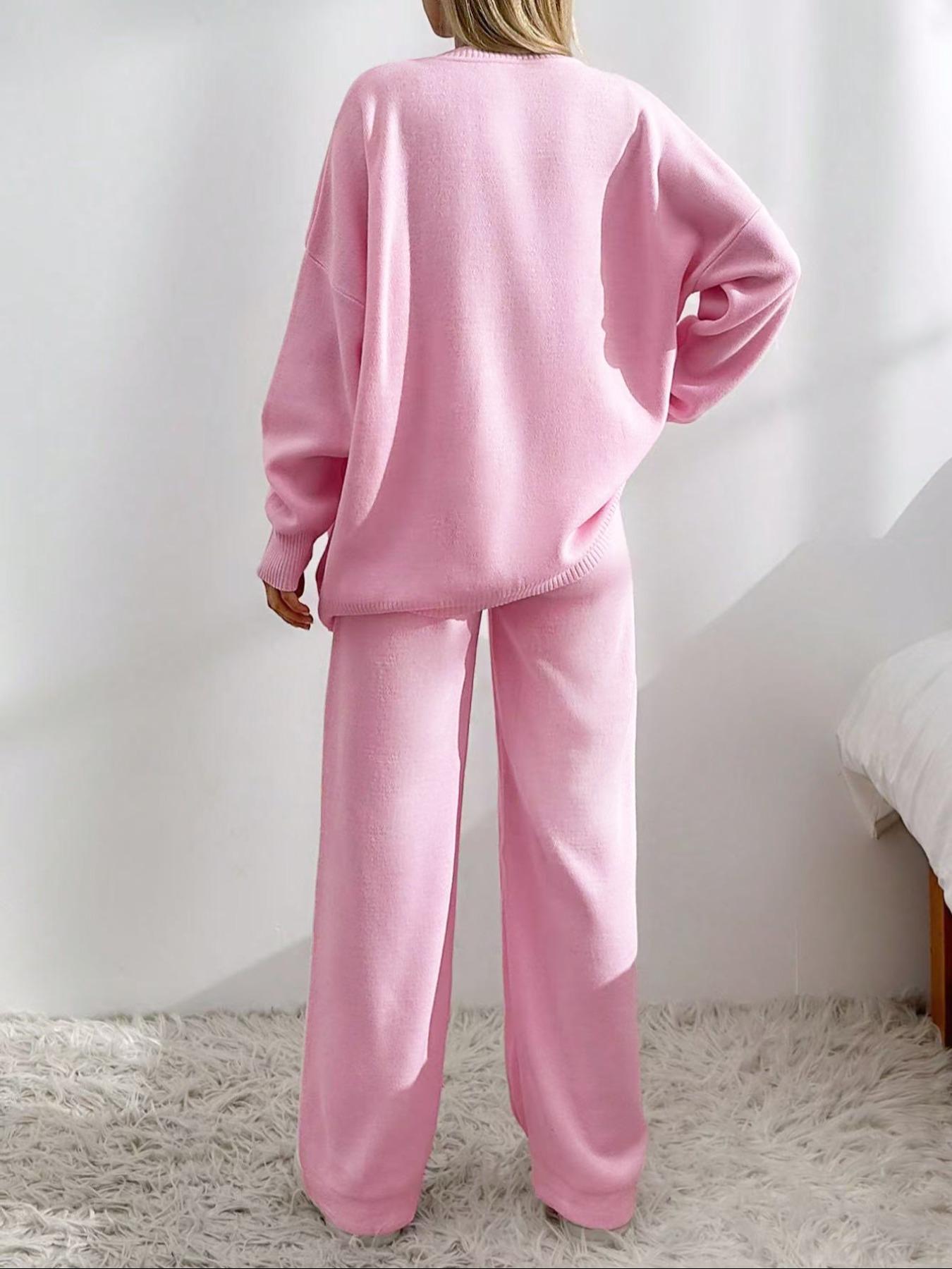 Women's Solid Button-Front Drop-Shoulder V-Neck Cardigan & Elastic Waist Wide-Leg Pants 2-piece Set, Casual Fashion Cozy Knitwear Set for Daily Outdoor Wear, Women's Outfit for Fall & Winter