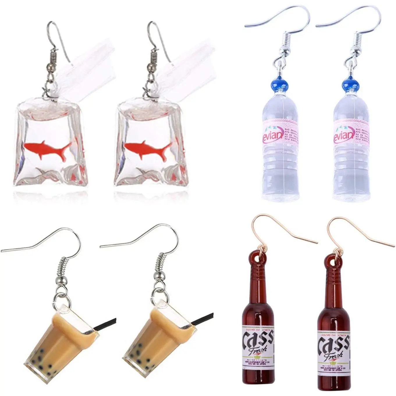 4 Pairs Funny  Goldfish and Water Bottle and Cute  Milk  Dangle Earrings and  Bottle Dangle Earrings, Water Bag Shape Dangle Hook Earrings for Women Bohemian