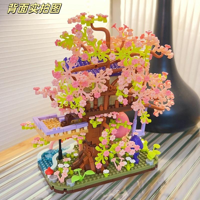Cherry Blossom Tree House Building Block Villa Wooden Assembly Educational Toy with Detailed Floral Decor for Kids and Adults