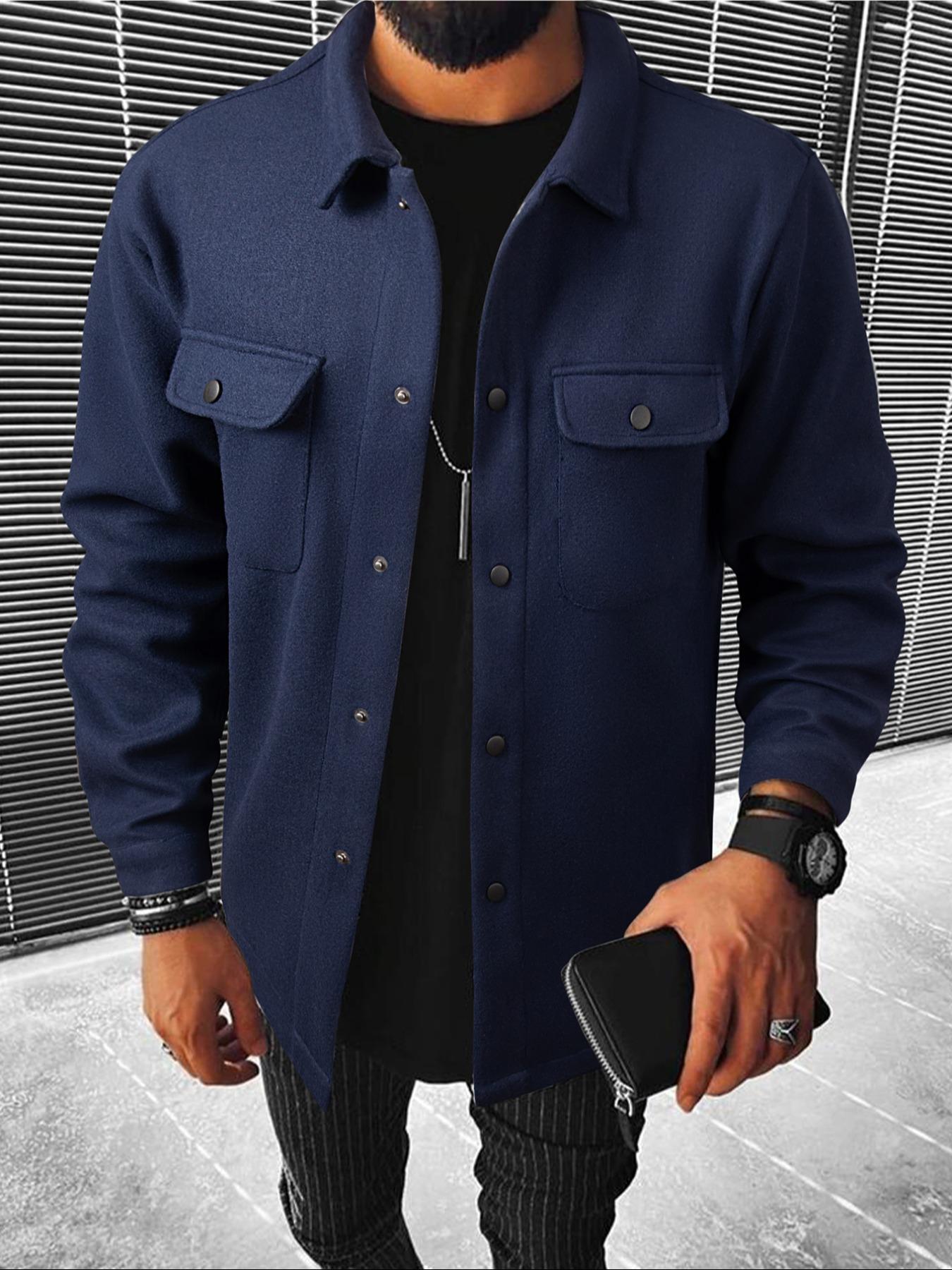 Men's Plain Long Sleeve Jacket, Regular Fit Casual Classic Button Front Flap Pocket Collared Outerwear for Fall & Winter, Going Out Outfit