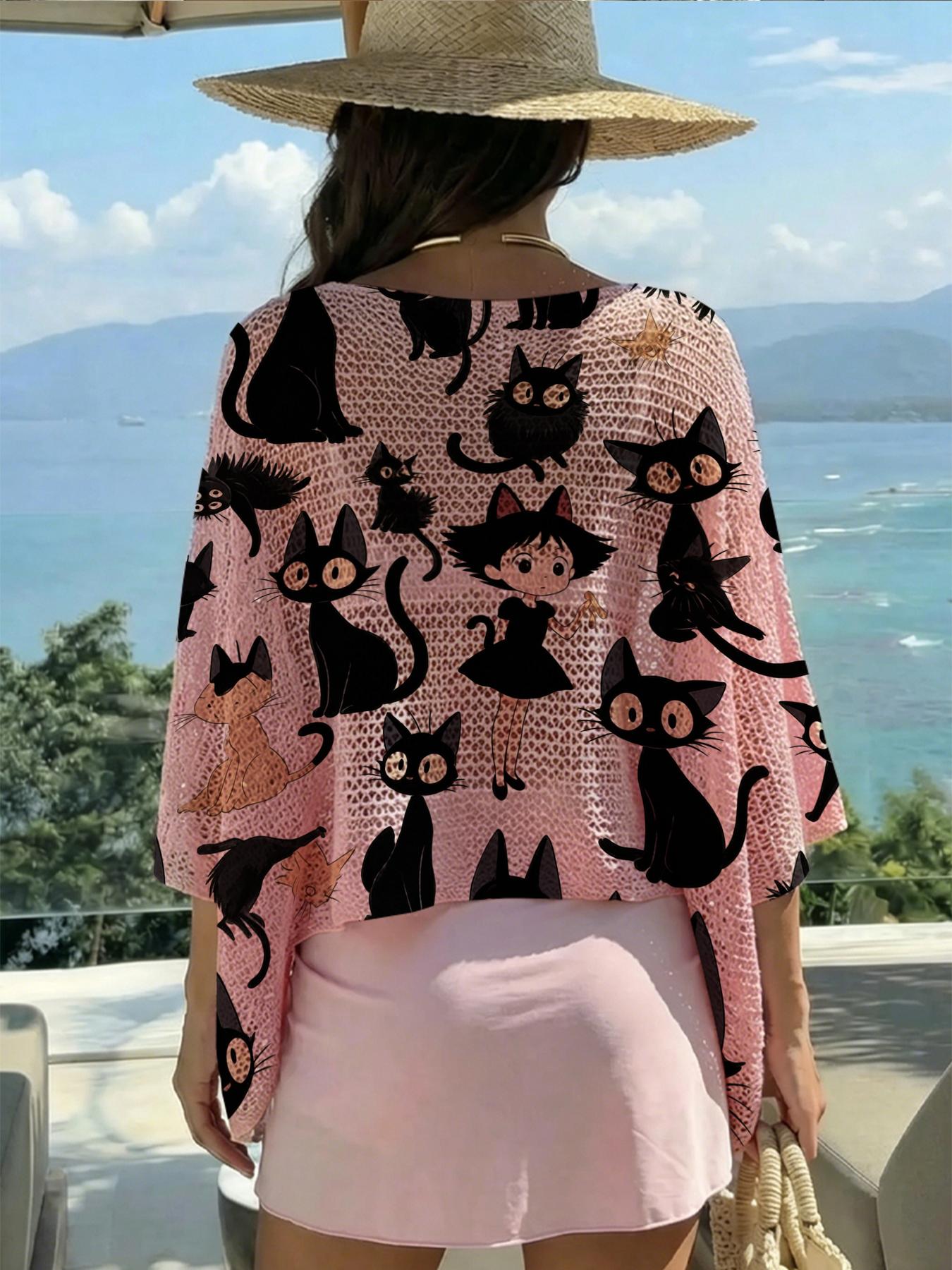 Elegant Cartoon Animal Print One-Shoulder Long Sleeve Knit Top, Casual Vacation Style, Comfortable Breathable Women's Shirt, Spring Summer Fall Fashion