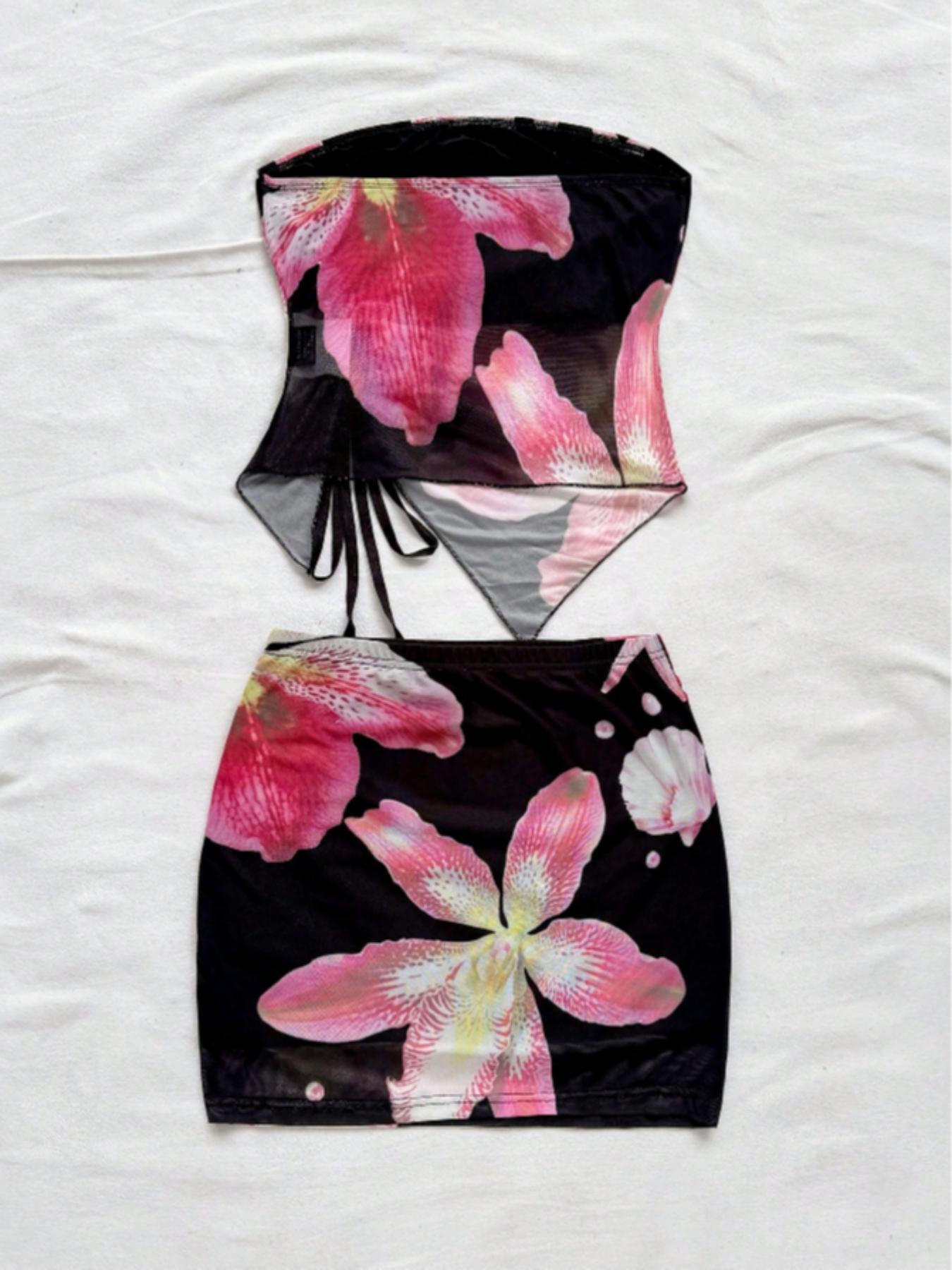 Romantic Floral Print Bandeau Eyelet Mesh Backless Top, Adjustable Drawstring Design, Sleeveless & Strapless Style, Perfect for Summer, Fashion