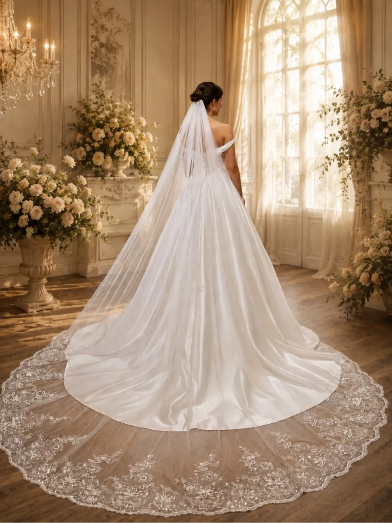 This 3-meter-long wedding veil, Wedding veils for brides, features floral embroidery and lace edging along the hem, crafted from soft tulle, comes with a concealed hair comb, perfect for church weddings and wedding photography