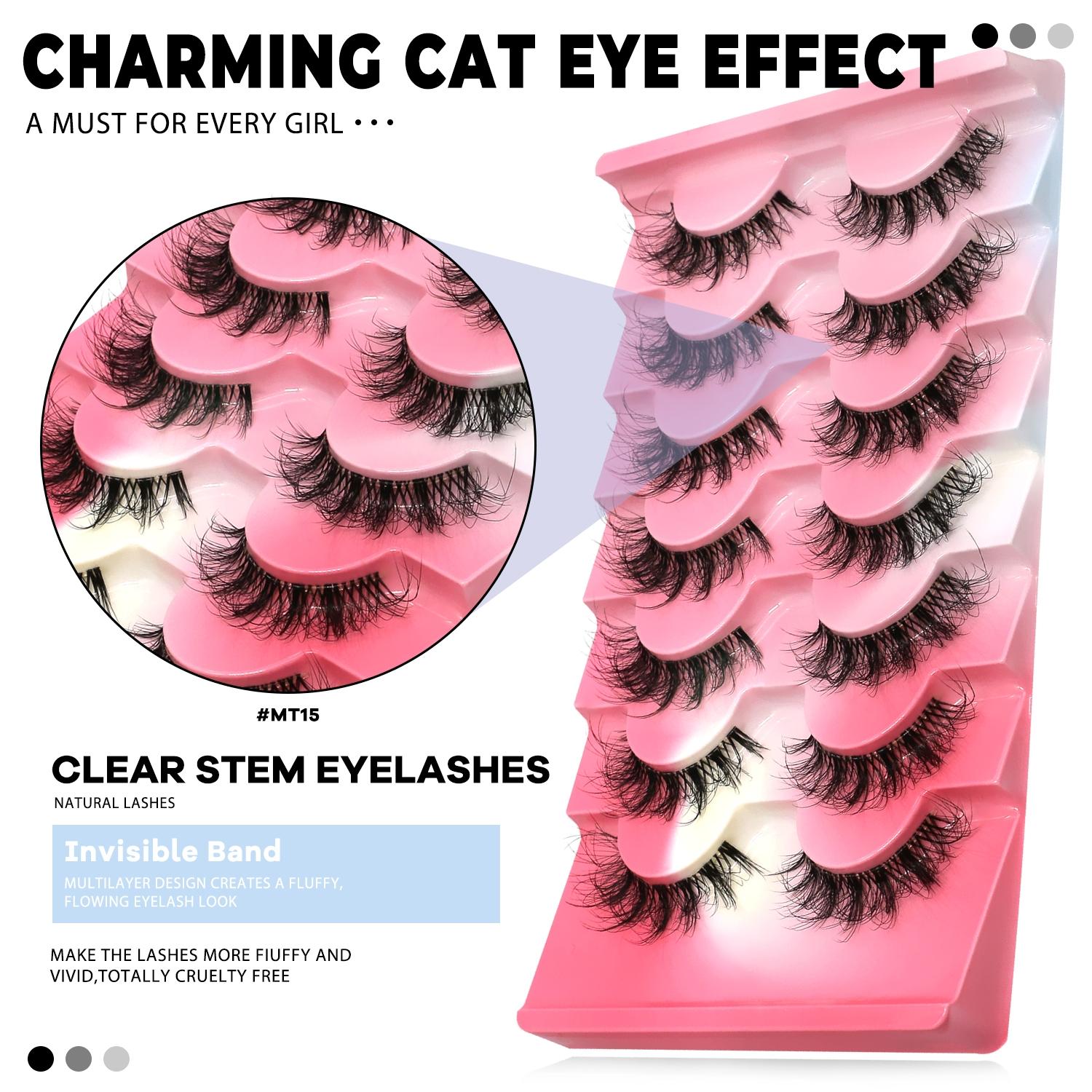 GROINNEYA 7 Pairs Cat Eye Lashes Versatile Airy Eyelashes Natural Look False Eyelashes D-Crul Voluminous Fake Eyelashes Fake Eye Lashes Short Wispy Faux Mink Eyelashes With Transparent Stem Band,Suiable For Dates and Gift For Her