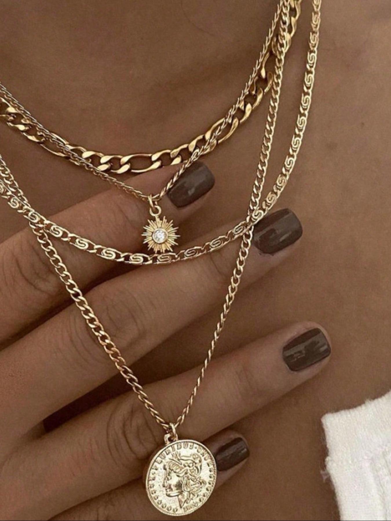 Bohemian Multi-Style Women's Artificial Gemstones & Coin Pendant Layered Design Necklace, Jewelry Gift, Trendy Charms Necklace